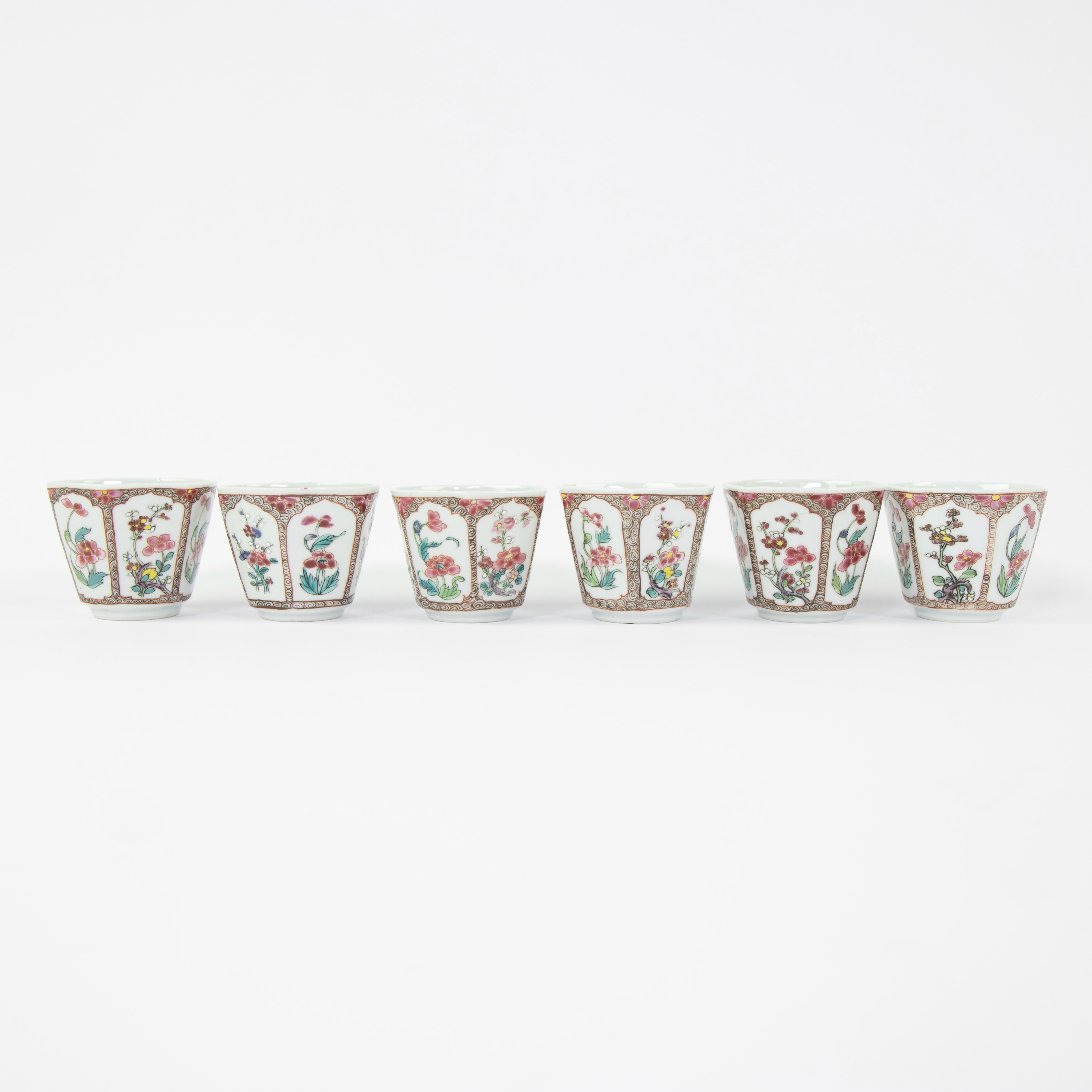 Set of six famille rose cups with their saucers and covers, decorated with flowers and blossom withi - Image 9 of 11