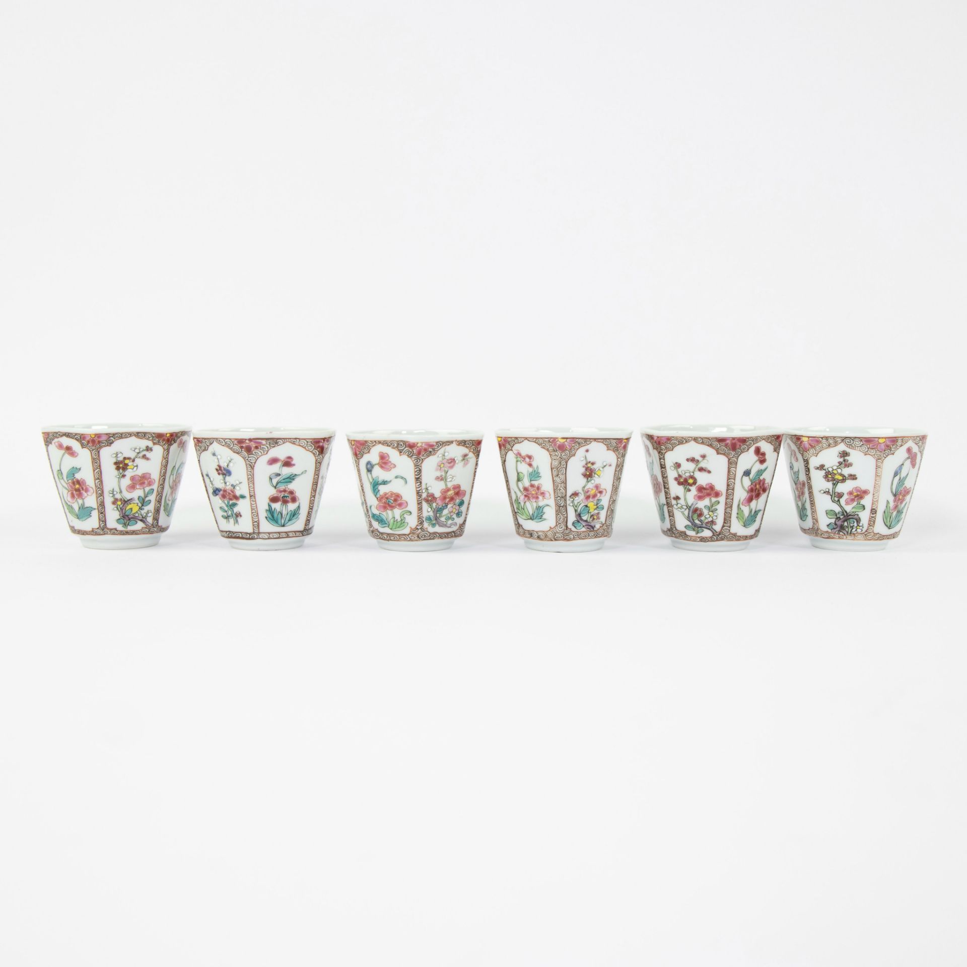 Set of six famille rose cups with their saucers and covers, decorated with flowers and blossom withi - Image 9 of 11