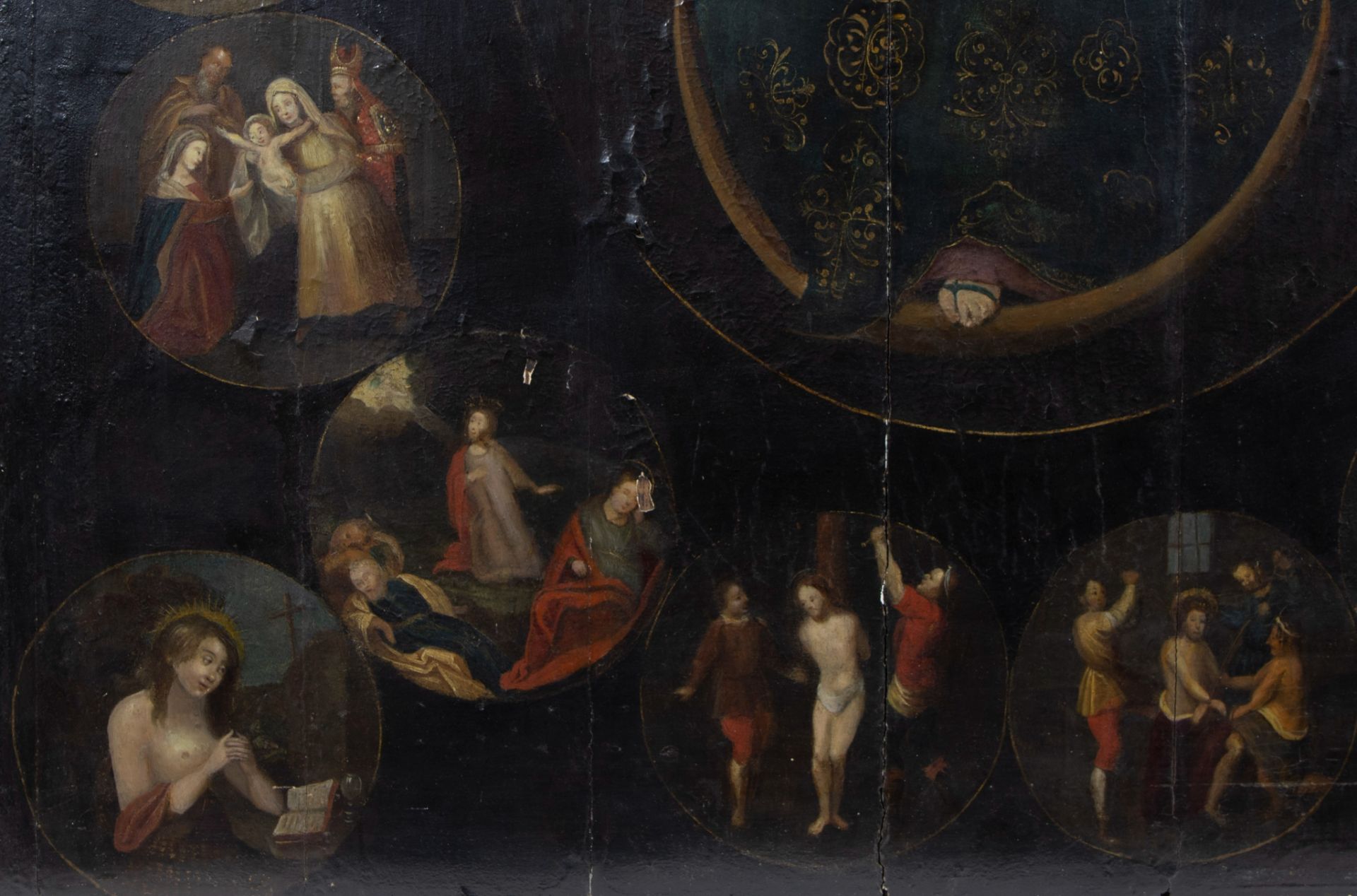 17th century oil on panel Madonna and Child surrounded by medallions with religious scenes - Image 4 of 7