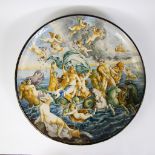 Italian 19th century Majolica hand painted dish with group of figures in the sea near a beach, with