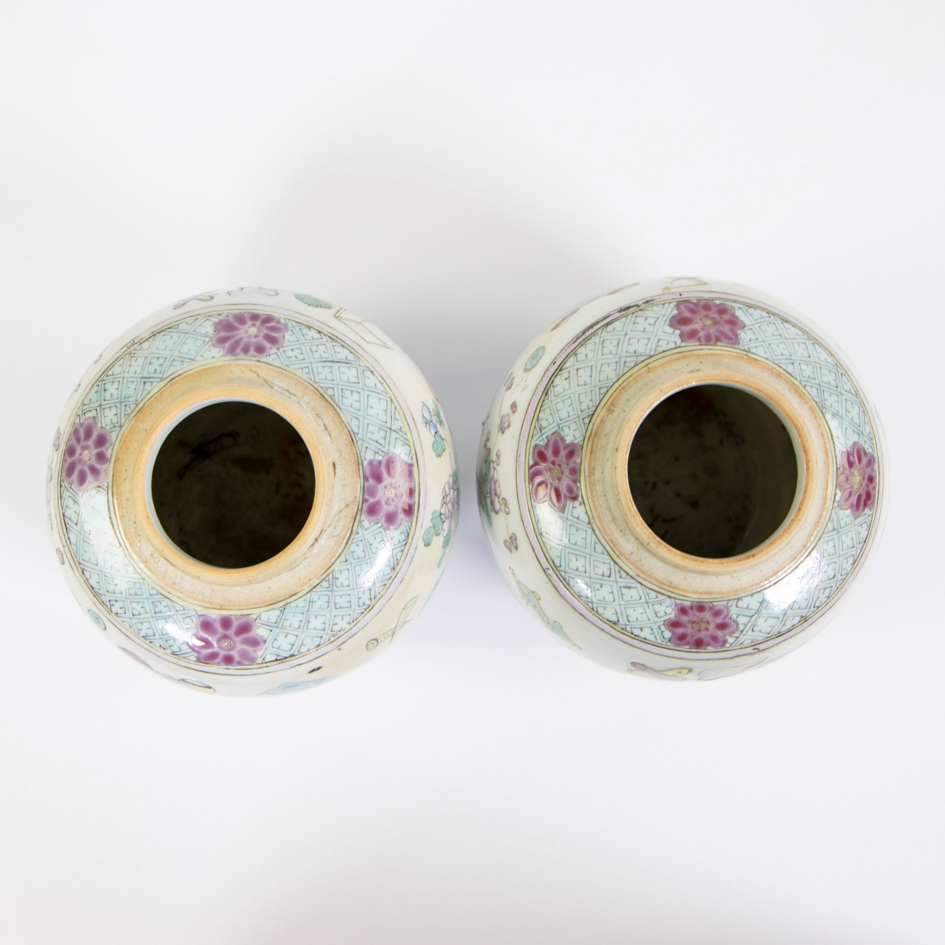 Two porcelain jars, decorated in famille rose enamels with prcious objects and auspicious symbols. M - Image 5 of 6