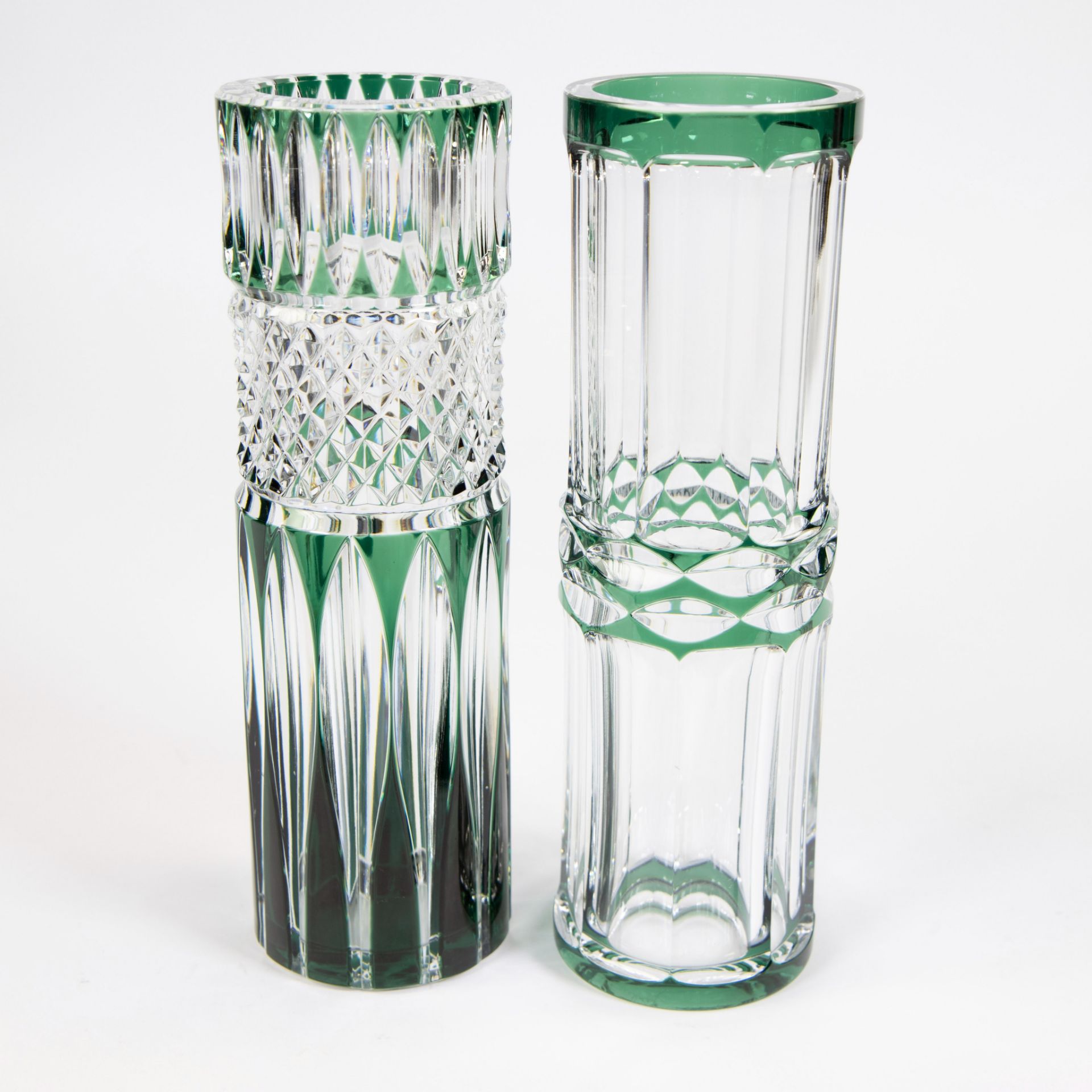 Val Saint Lambert 2 conical green cut crystal vases - Image 4 of 4