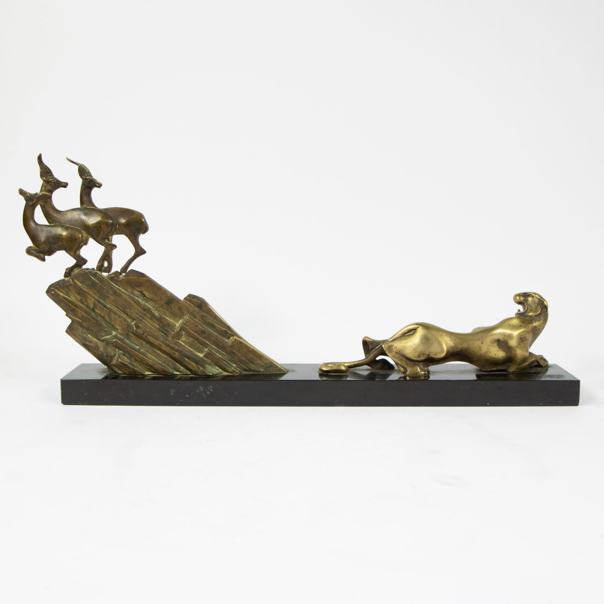 Art Deco sculpture of a panther with deer on a marble base. - Image 4 of 4