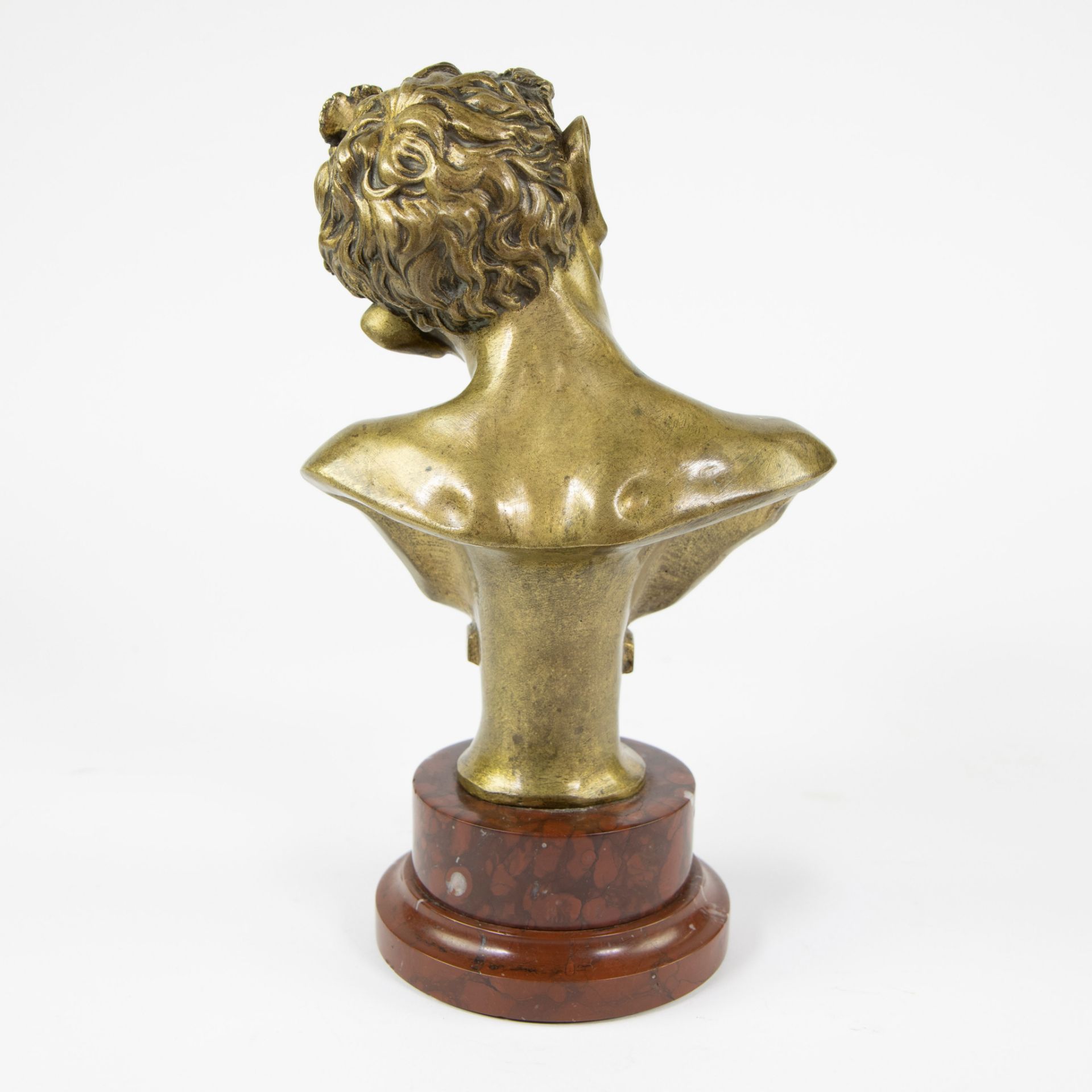 Viennese gilt bronze Faun on red marble base. - Image 3 of 4