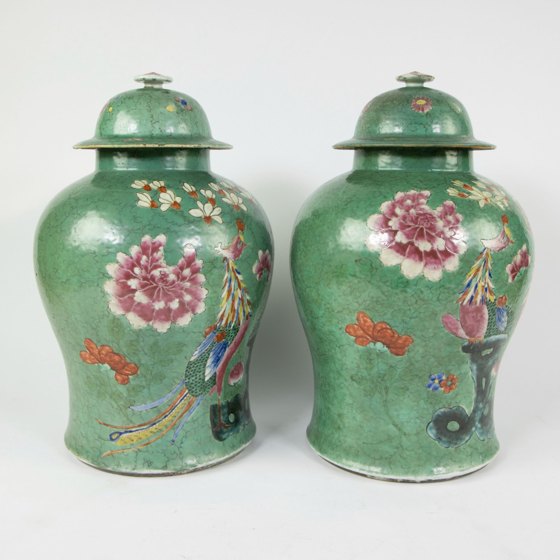 Pair of Chinese baluster shaped jars and their covers symmetrically decorated in fencai enamels depi - Image 8 of 12