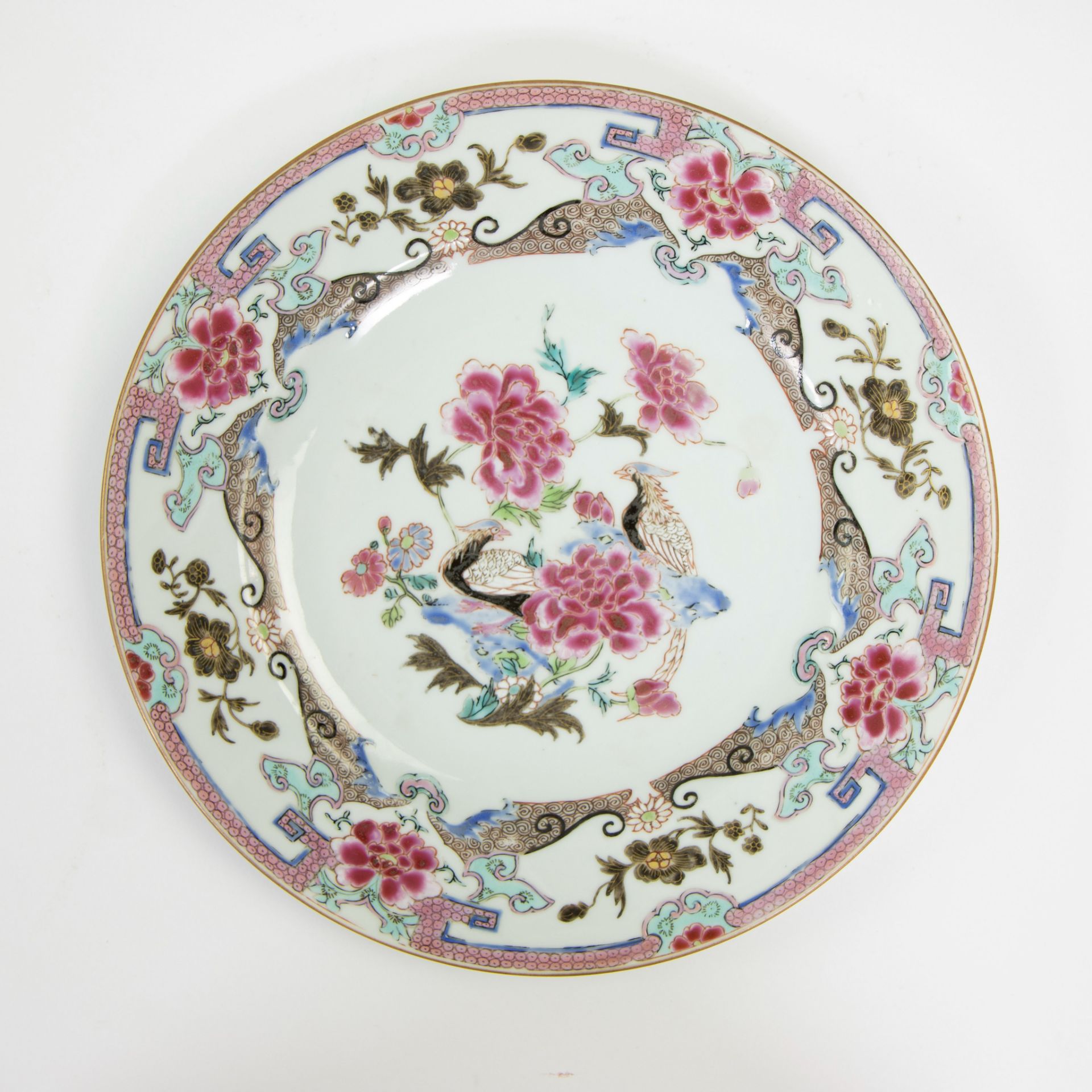 Set of six Chinese porcelain famille rose plates with tobacco leaf, peony and pheasant decor. Qianlo - Image 2 of 13