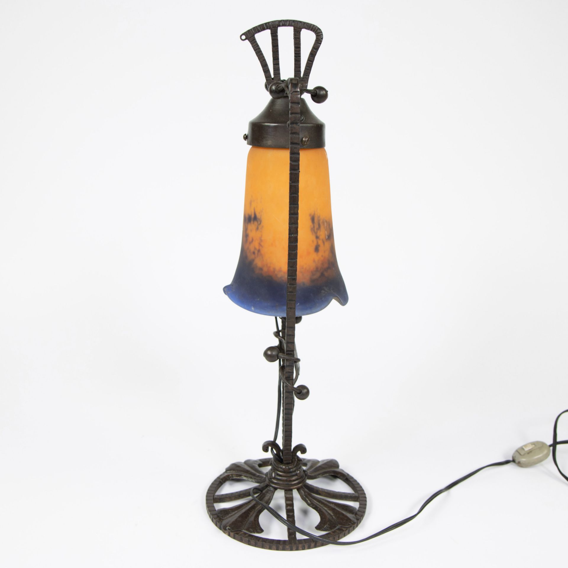 Noverdy table lamp France, wrought iron and glass shade with melted colour powders, signed. - Image 5 of 5