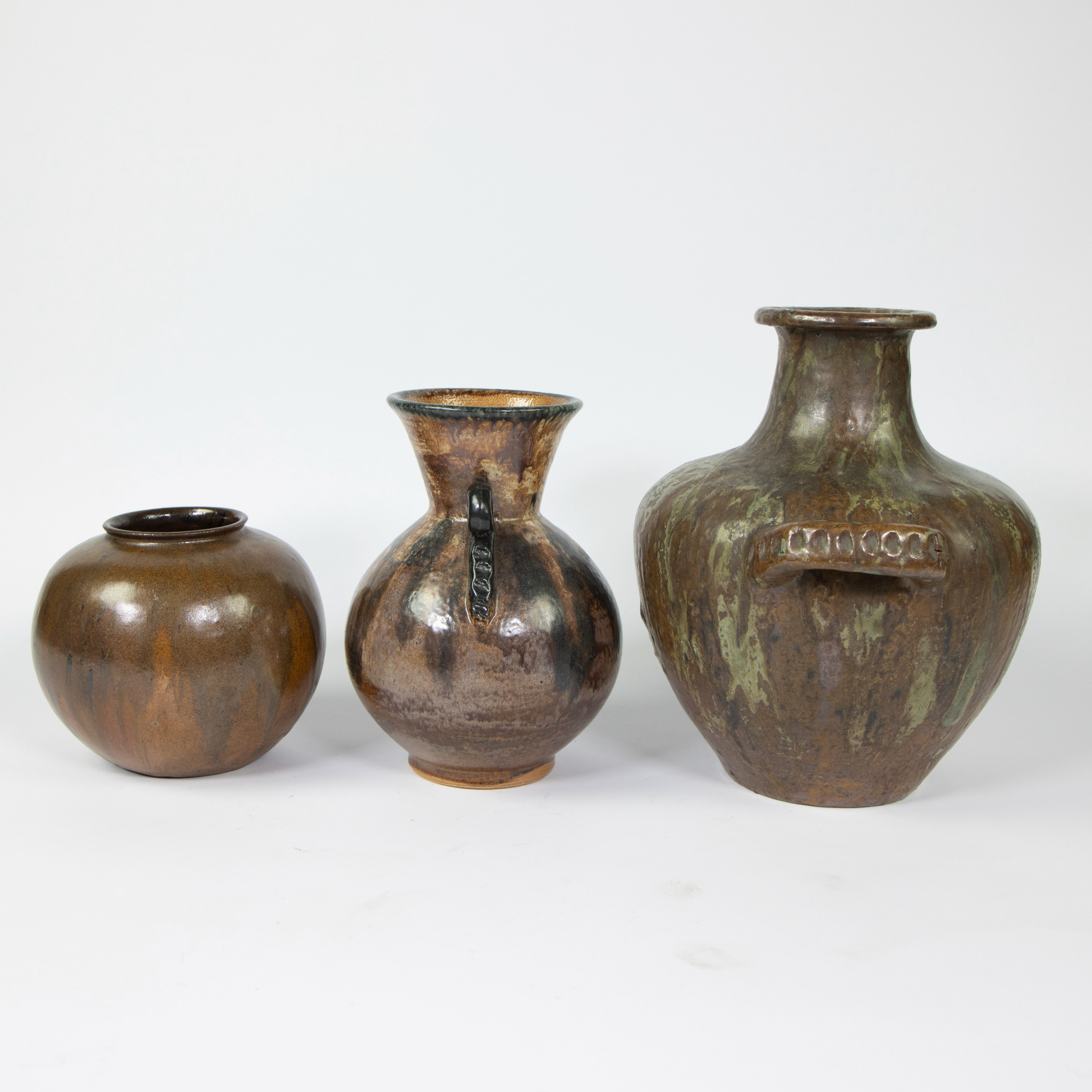 Lot of 3 handmade vases in glazed earthenware, 1930s, marked. - Image 4 of 5