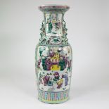 Large porcelain baluster vase, decorated in polychrome enamels with court scenes to two sides, sculp