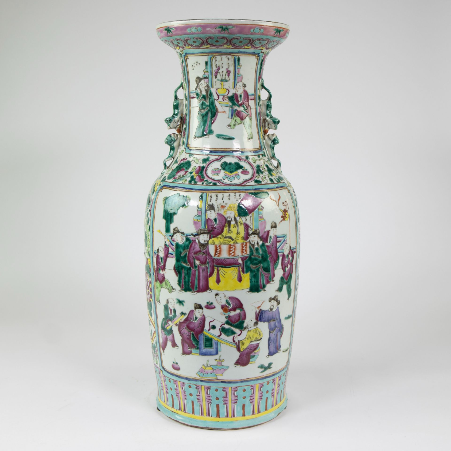 Large porcelain baluster vase, decorated in polychrome enamels with court scenes to two sides, sculp