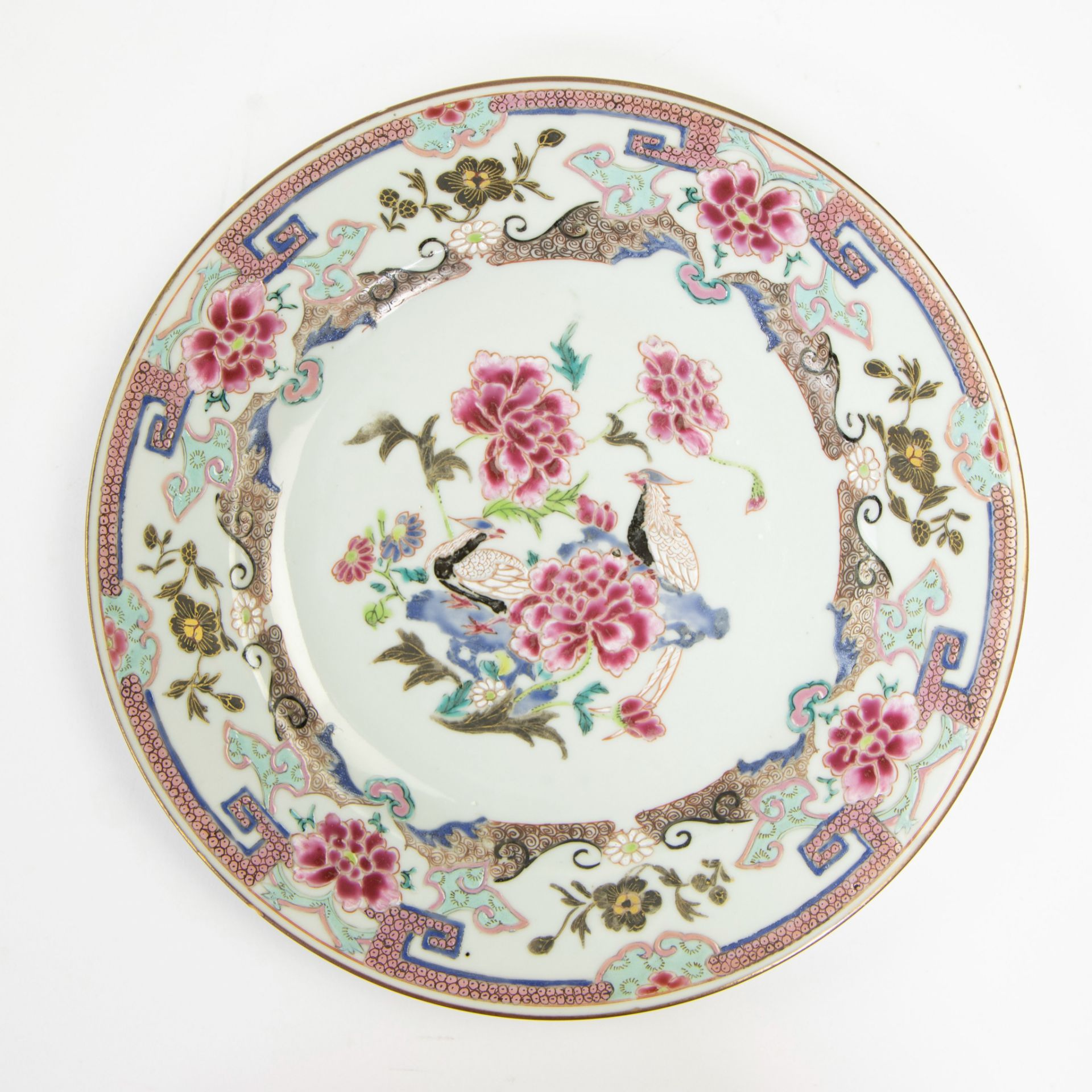 Set of six Chinese porcelain famille rose plates with tobacco leaf, peony and pheasant decor. Qianlo - Image 12 of 13