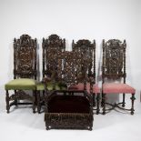 Lot of 5 Victorian castle chairs with richly carved woodwork and velvet seat