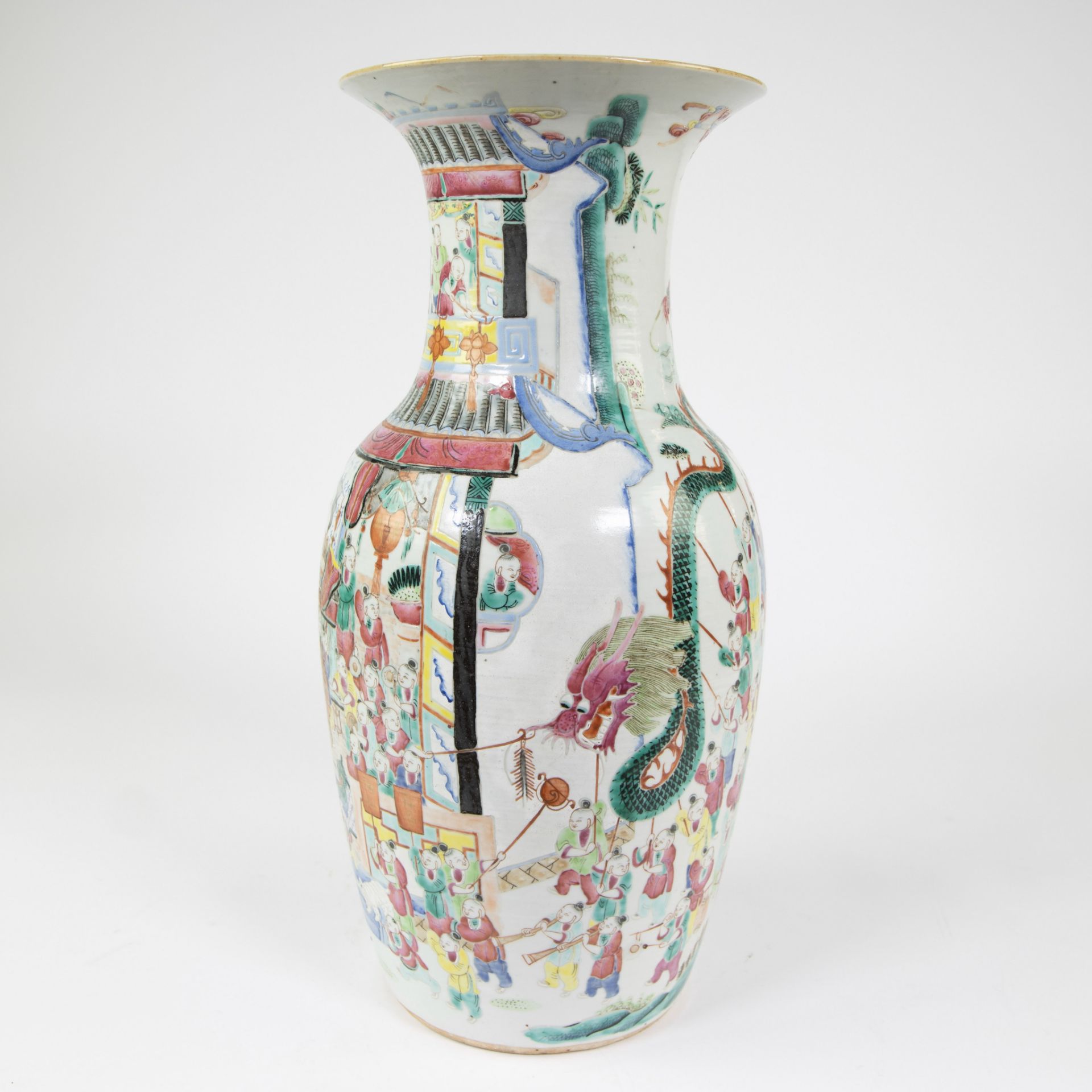 Chinese procelain baluster shaped vase decorated in famille rose enamels with 100 lucky boys theme. - Image 3 of 11