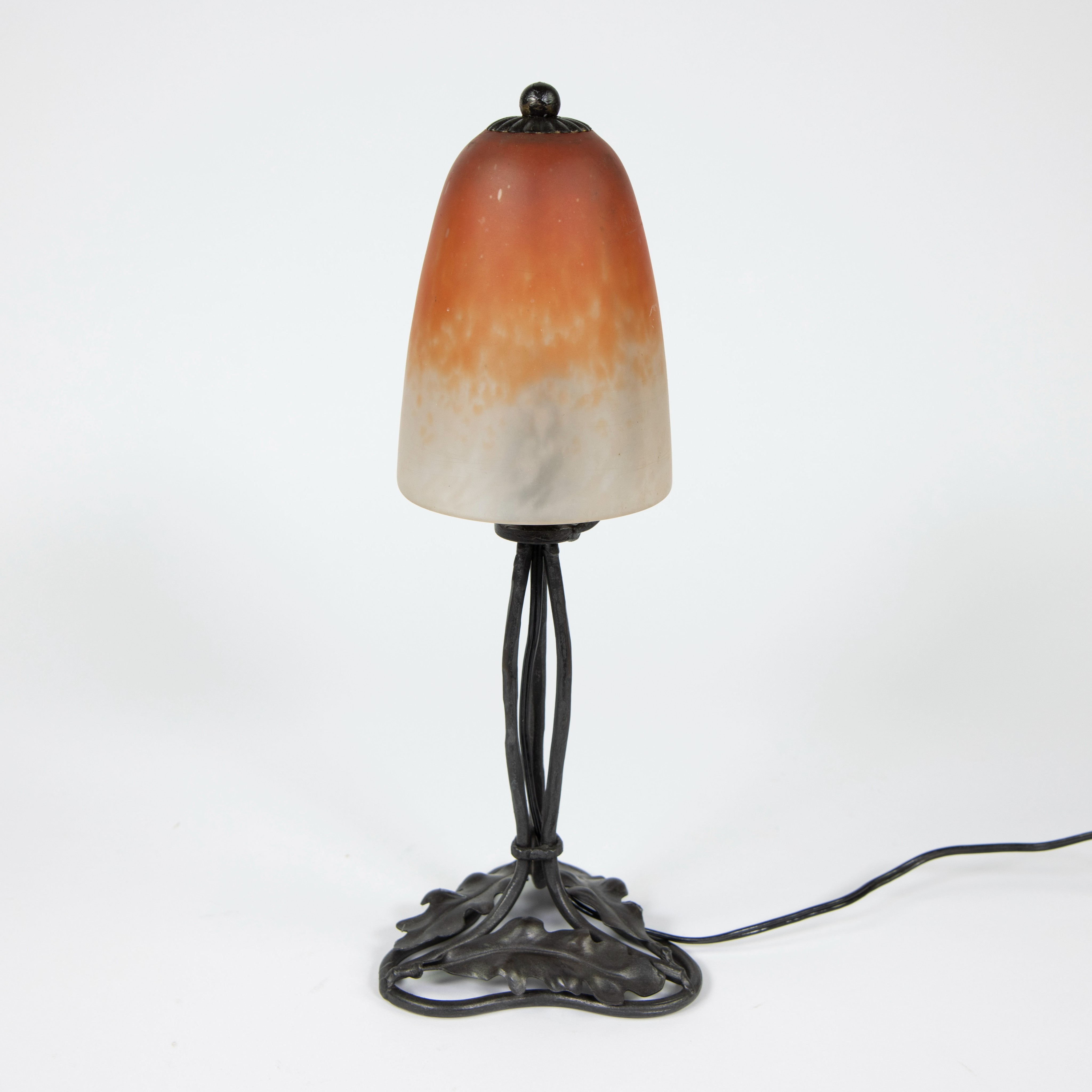 French SCHNEIDER Shade table lamp, wrought iron, signed.