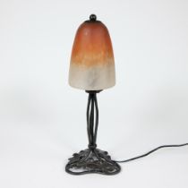 French SCHNEIDER Shade table lamp, wrought iron, signed.