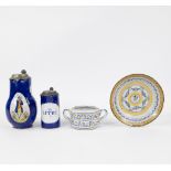 Collection of Brussels faience, 2 jugs, butter pot and plate