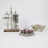 Lot silver plated coffee set, small milieu de table with cherubs and set with 6 colored glasses