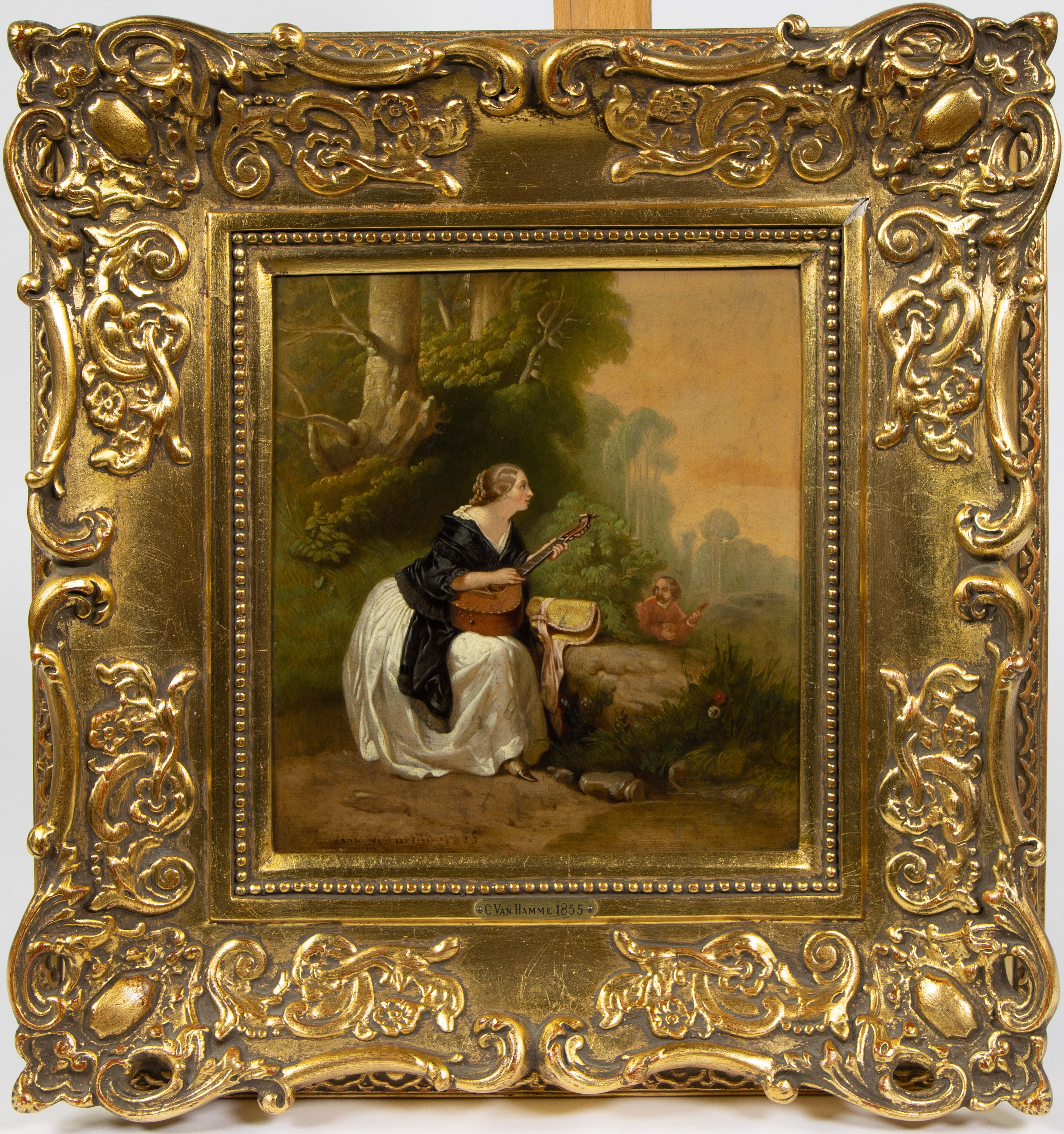 European school 19th century, oil on paneel Romantic scene, signed and dated 1855. - Image 2 of 4