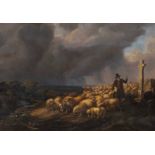 European school oil on panel Shepherd with flock of sheep 19th century