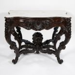 French 19th century French richly carved wooden console in rococo style with white marble top and wi