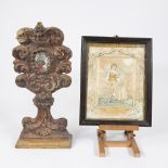 Devotional print of a saint 18th century and Monstrance in papier maché 18th century