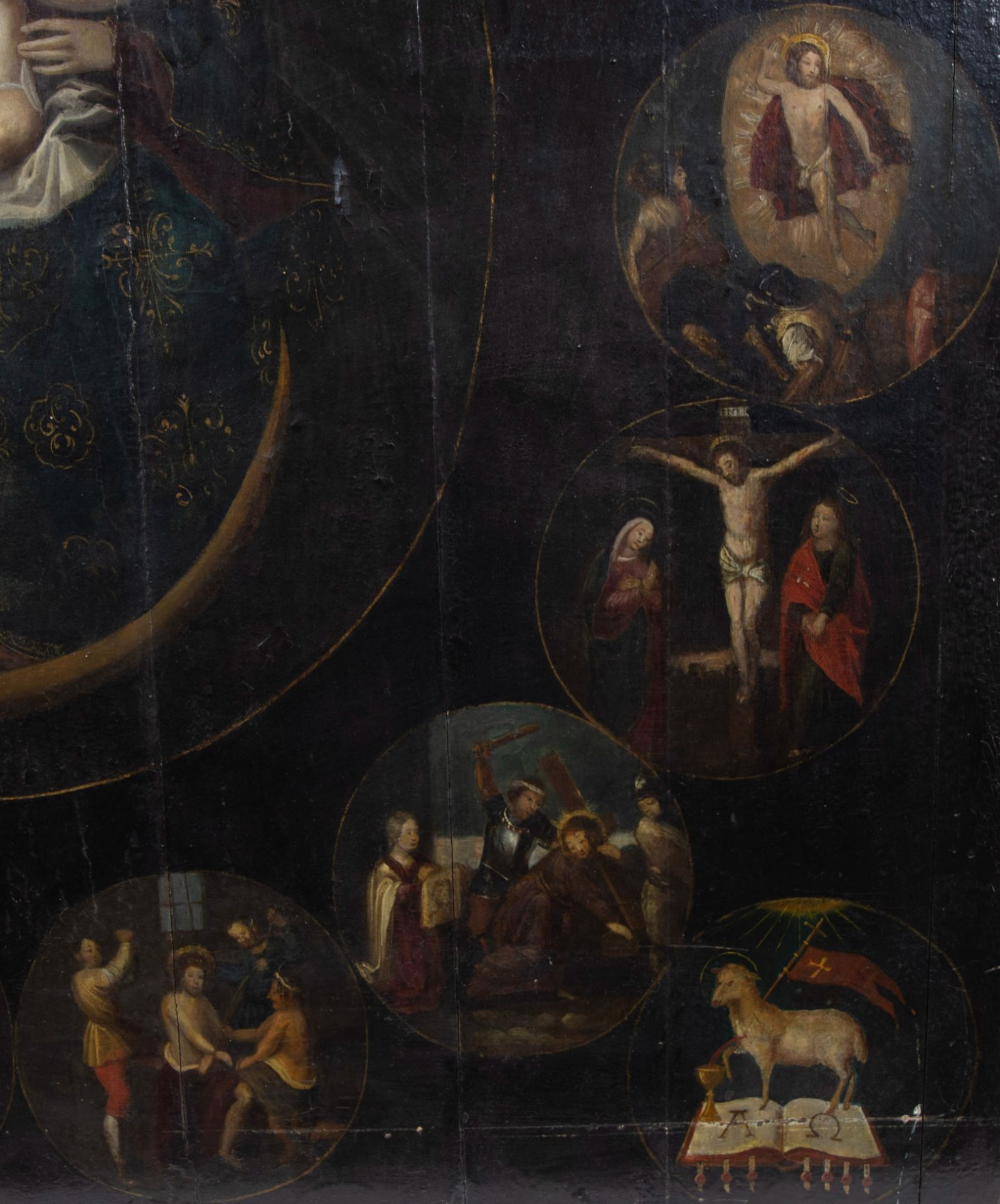 17th century oil on panel Madonna and Child surrounded by medallions with religious scenes - Image 5 of 7