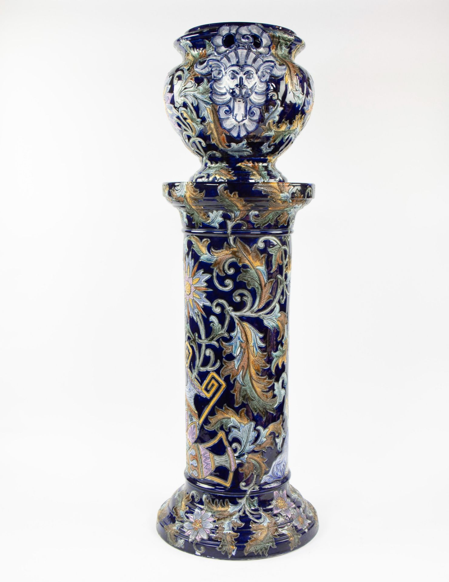 Beautiful two-piece glazed ceramic plant stand decorated with satyrs and floral motifs, circa 1900. - Image 2 of 6