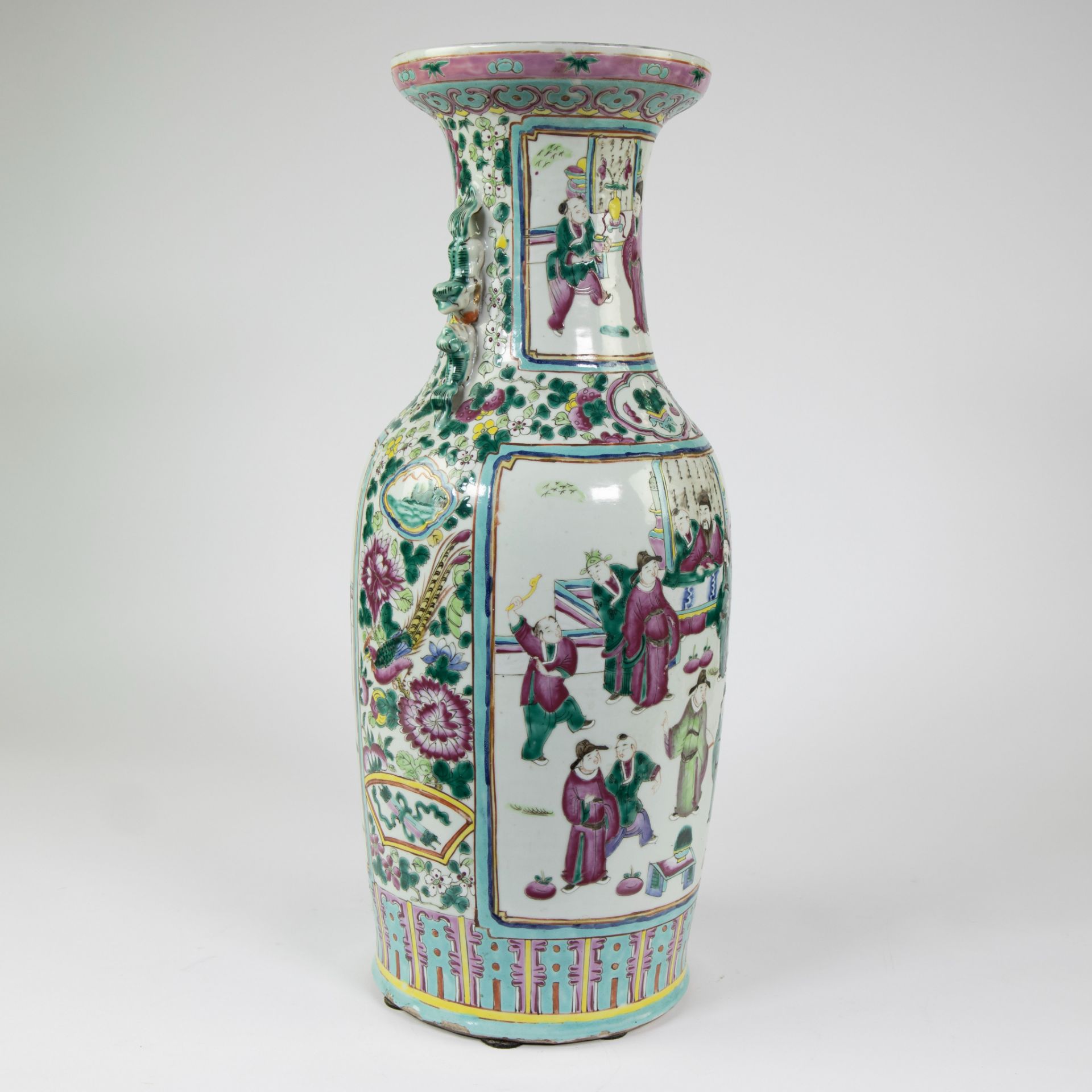 Large porcelain baluster vase, decorated in polychrome enamels with court scenes to two sides, sculp - Image 4 of 10