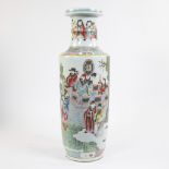 Tall porcelain Chinese rouleau vase, finely painted in polychrome enamels to depict immortals on a l