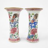 Two Chinese famille rose vases with rooster and peony decor. Qianlong period.