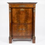 19th century Empire in mahogany and flamed mahogany secretary, open with a drawer, a flap and two do