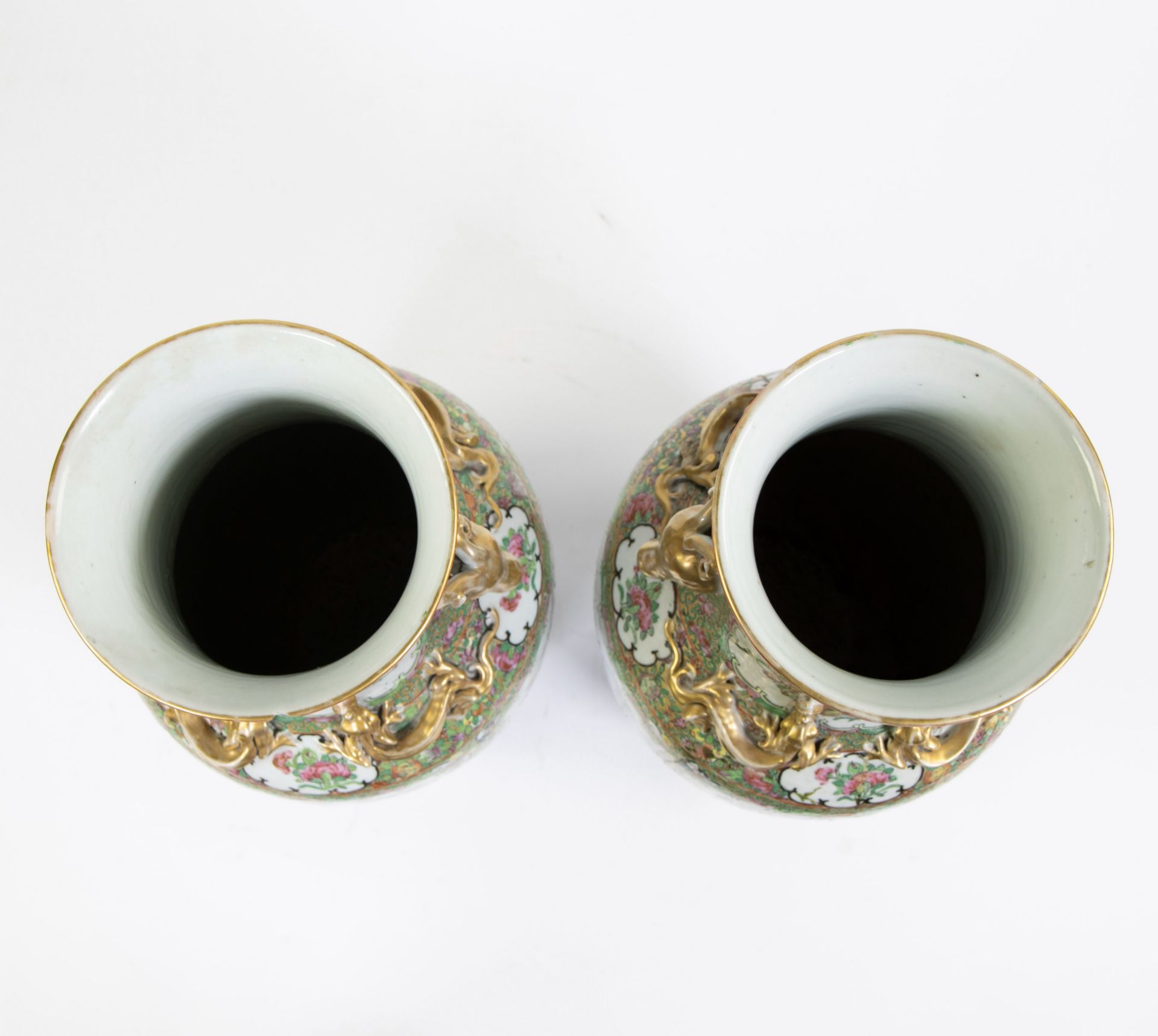 A pair of large Canton porcelain baluster vases, decorated in famille rose enamels with flowers and - Image 5 of 6