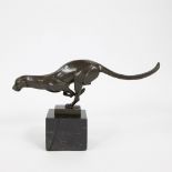 Art Deco bronze panther on marble base, marked Fonderie Bords de Seine