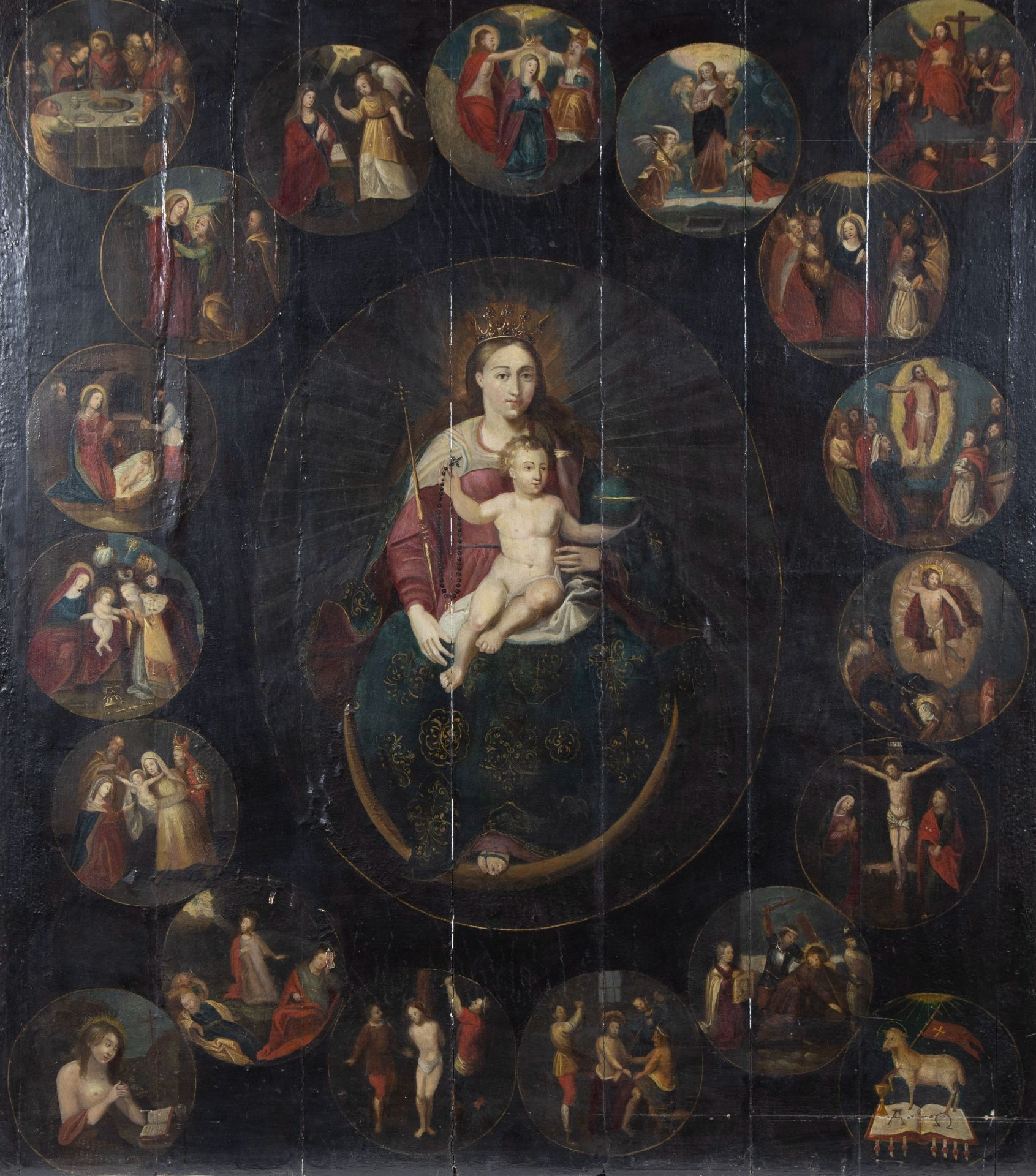 17th century oil on panel Madonna and Child surrounded by medallions with religious scenes