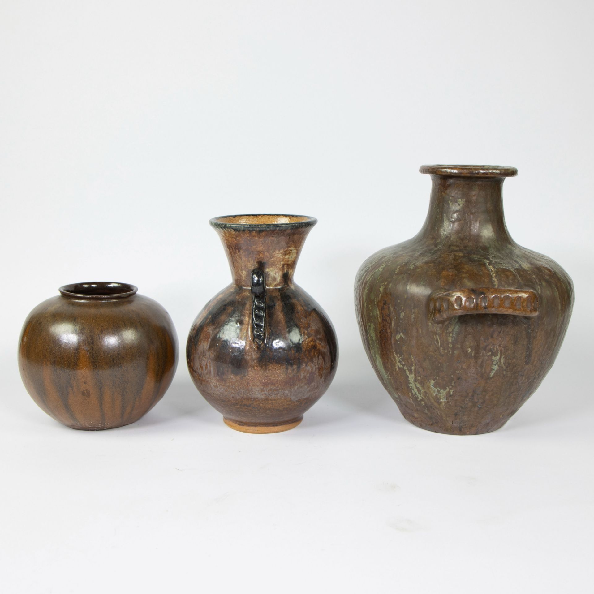 Lot of 3 handmade vases in glazed earthenware, 1930s, marked. - Image 2 of 5