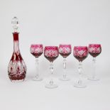 Val Saint Lambert red crystal carafe and 5 glasses