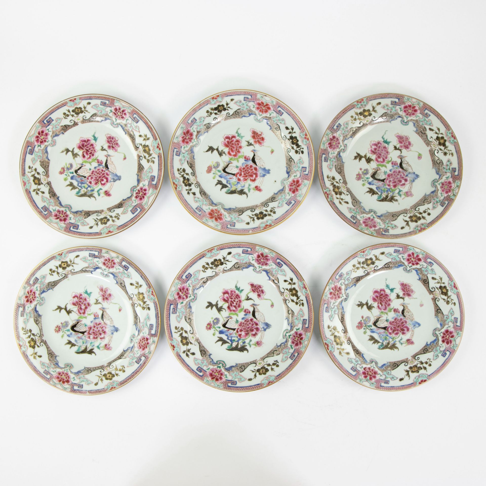 Set of six Chinese porcelain famille rose plates with tobacco leaf, peony and pheasant decor. Qianlo