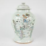 Chinese vase with lid decorated with figures and Chinese writing, 19th C