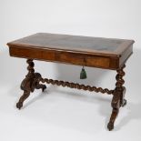 English writing table in mahogany with inlaid green leather top. Has 2 sliders and top is carried by