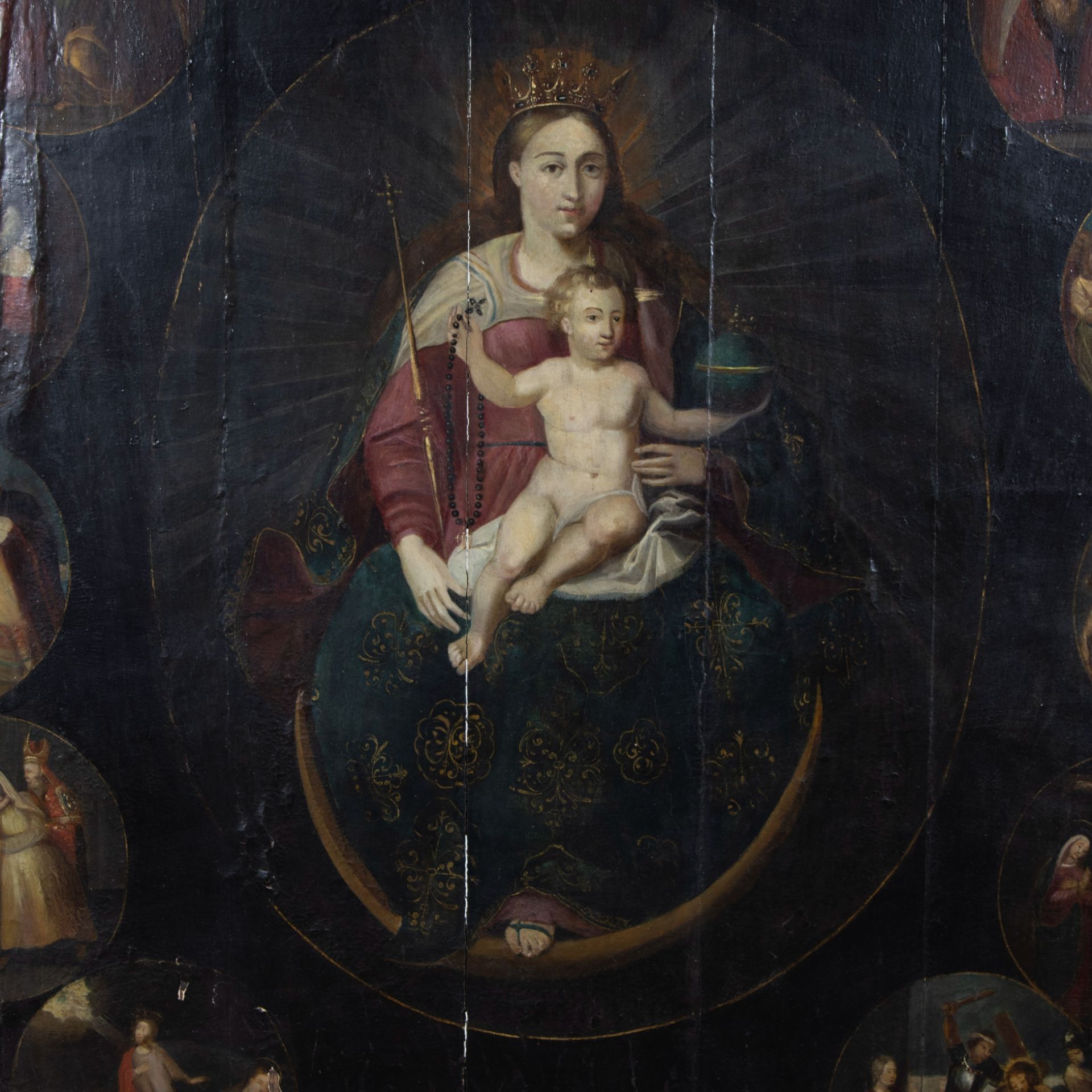 17th century oil on panel Madonna and Child surrounded by medallions with religious scenes - Image 2 of 7