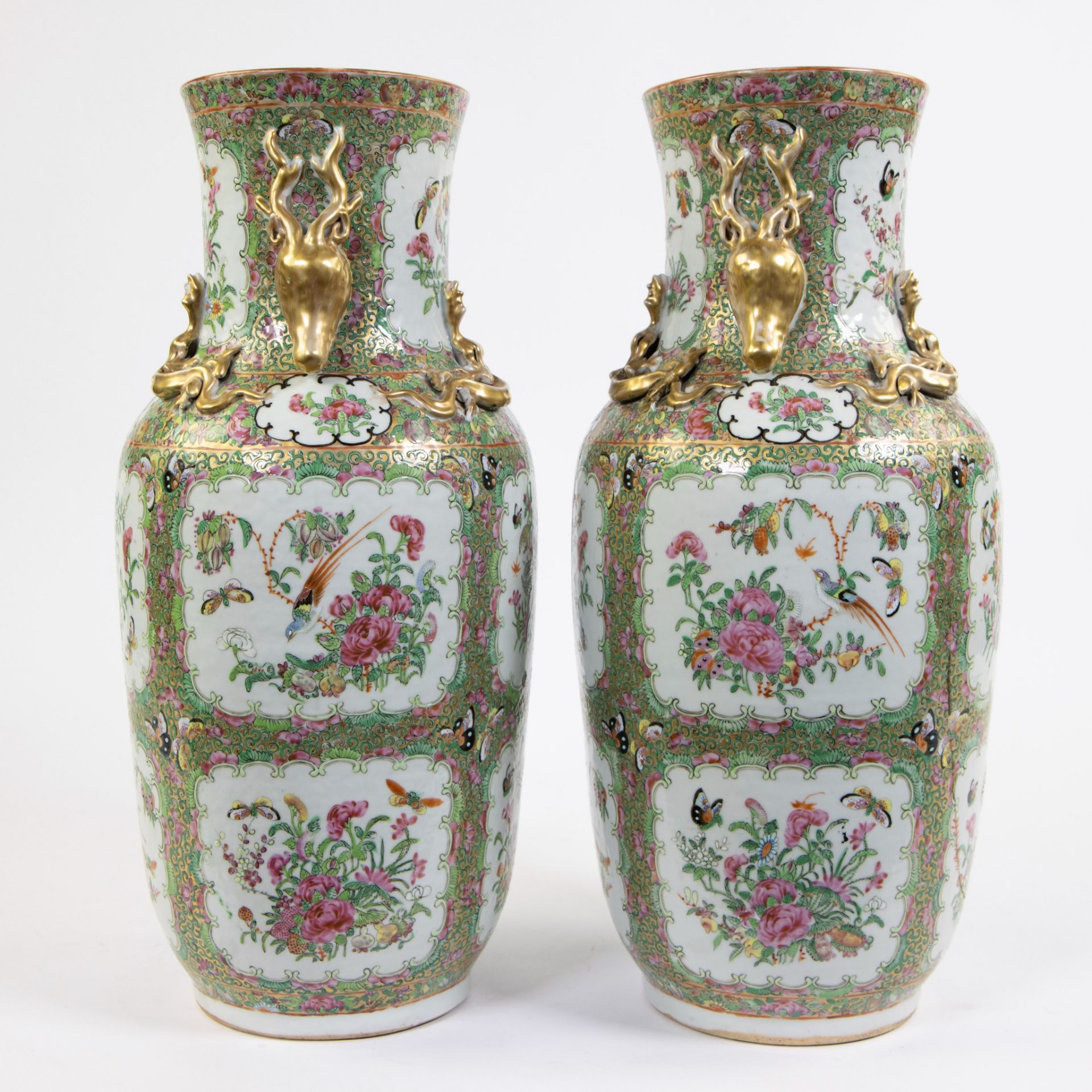 A pair of large Canton porcelain baluster vases, decorated in famille rose enamels with flowers and - Image 4 of 6