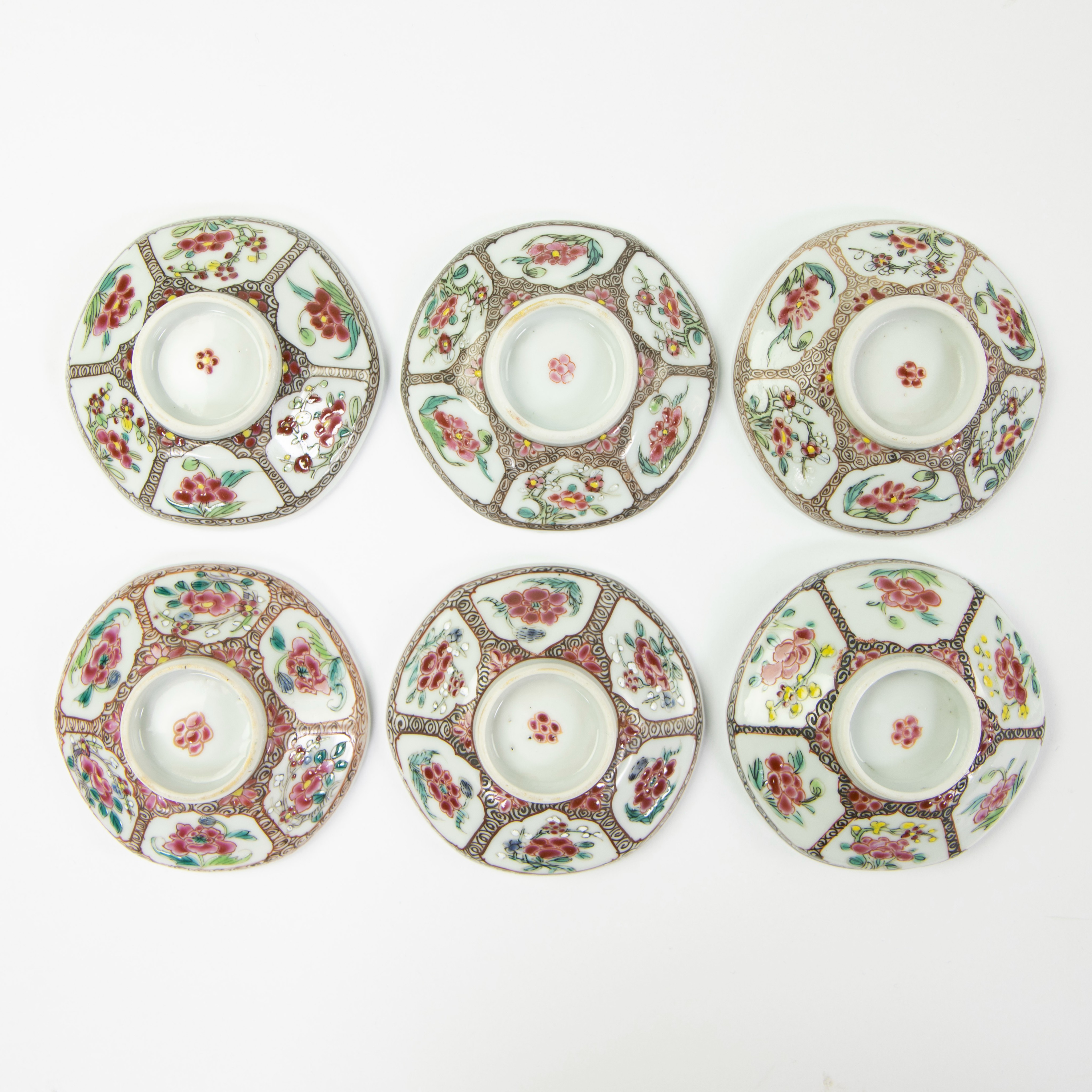 Set of six famille rose cups with their saucers and covers, decorated with flowers and blossom withi - Image 2 of 11