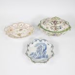 Collection of faience, French soup tureen ca 1800, blue/white plate Quimper 1870 and dish hand-paint