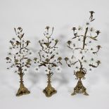 3 lovely altar candelabras feature milk-glass lilies and gilt-brass leaves, ca 1890, France