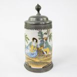 German beer mug hand-painted with romantic scene, 18th century