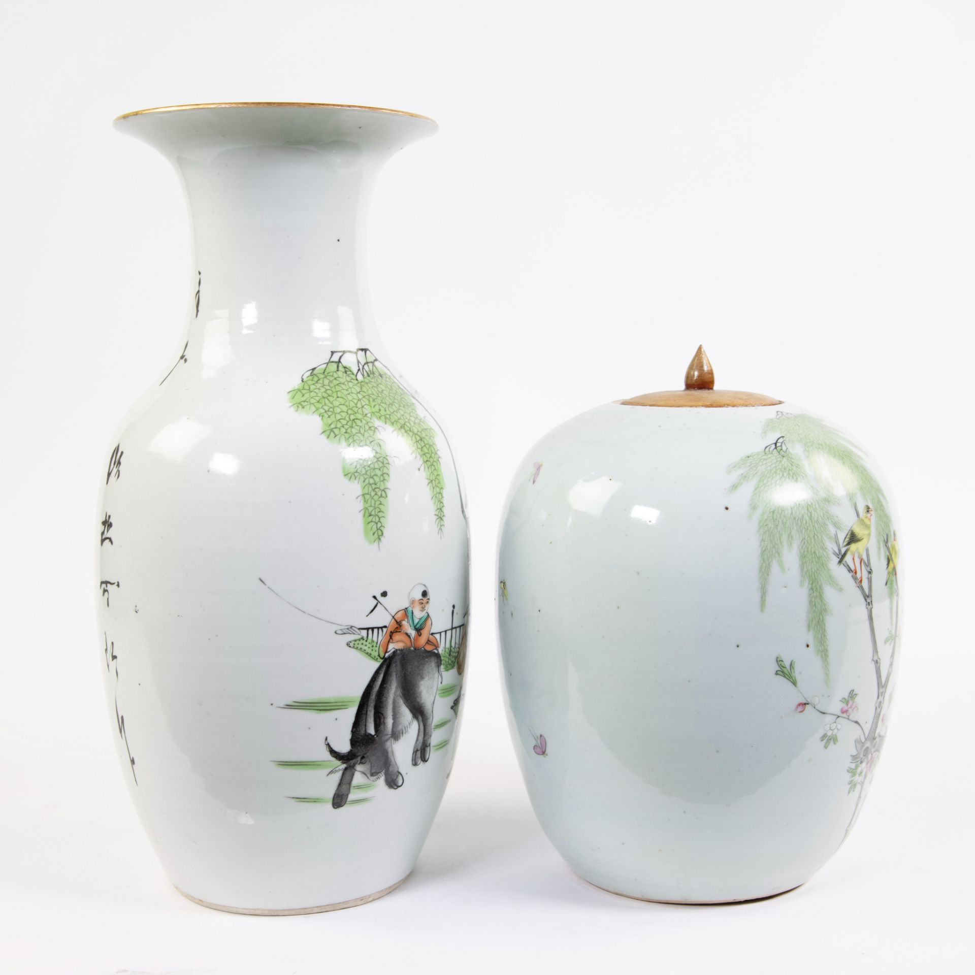 A porcelain ginger jar and a baluster vase, the latter depicting a rural scene. China, republic peri - Image 4 of 7