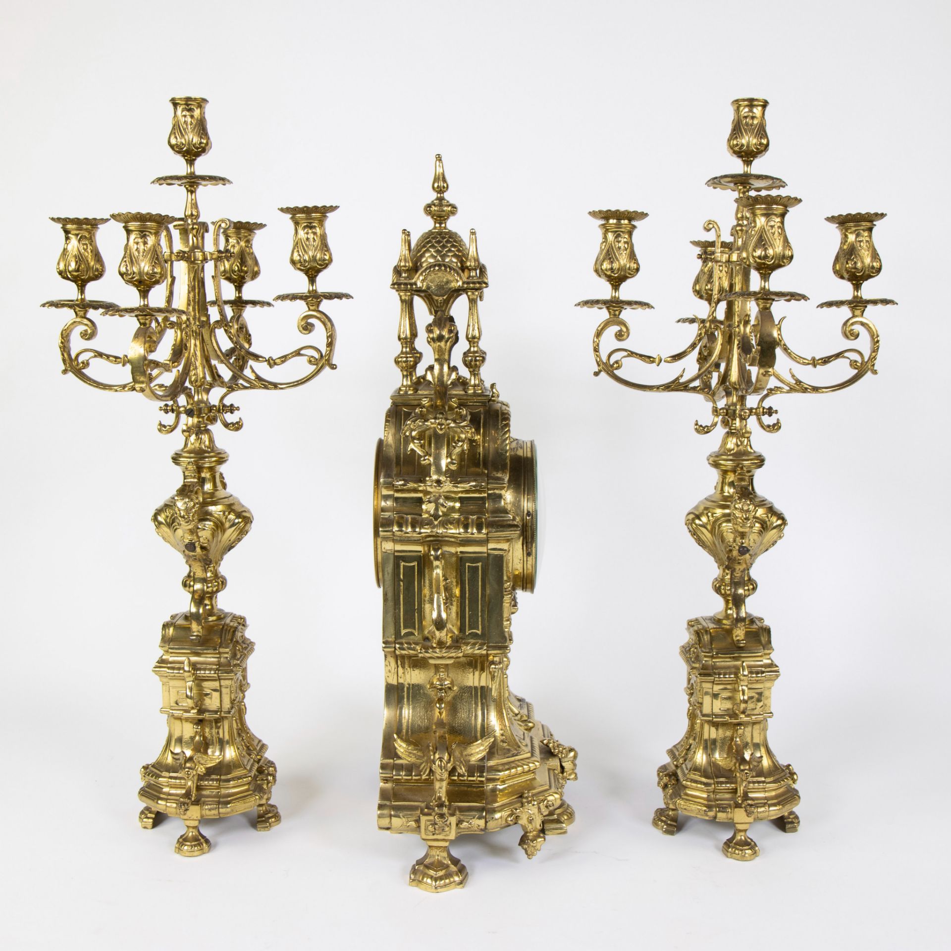 Large gold-plated clock garniture, clock with 2 candlesticks - Image 4 of 4