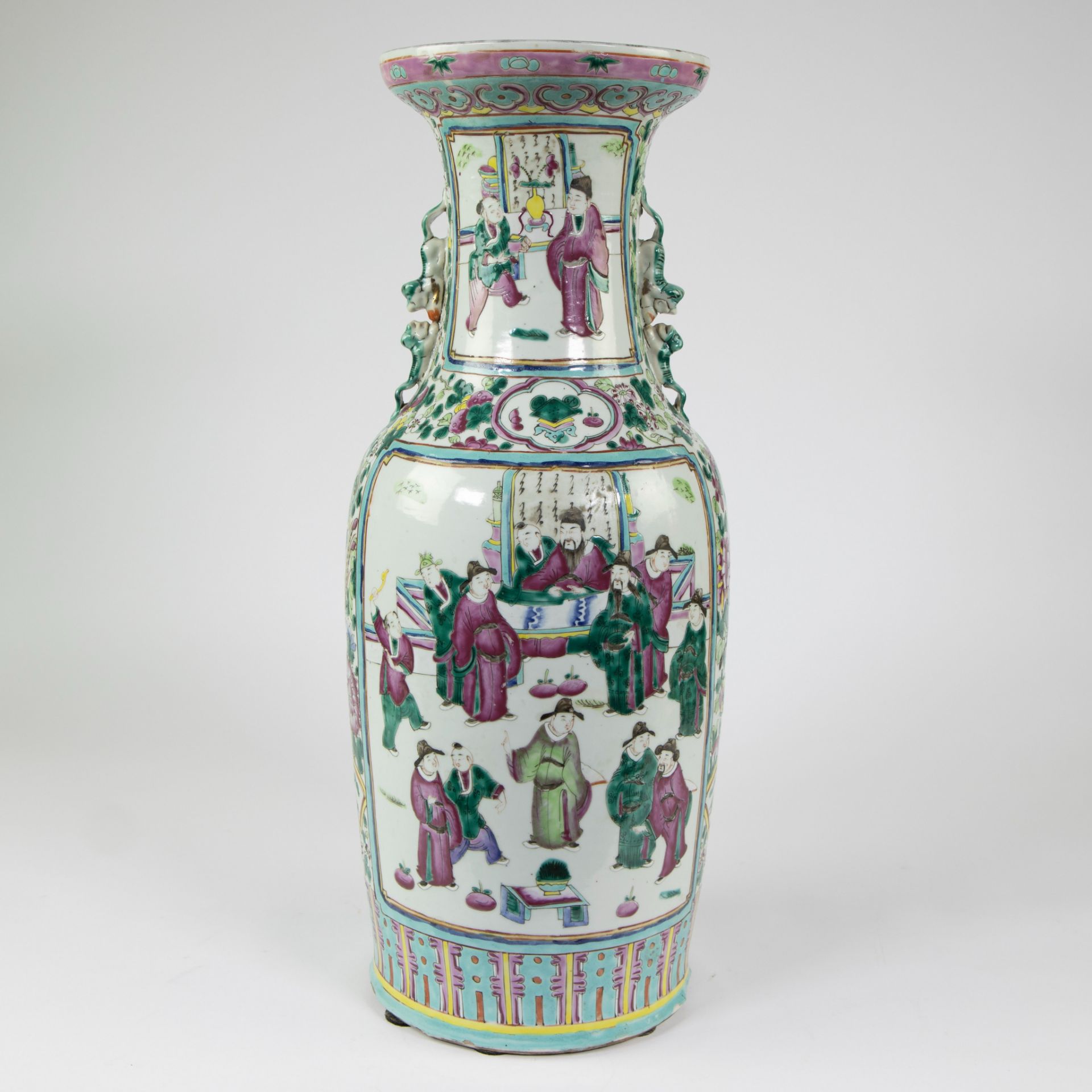 Large porcelain baluster vase, decorated in polychrome enamels with court scenes to two sides, sculp - Image 5 of 10
