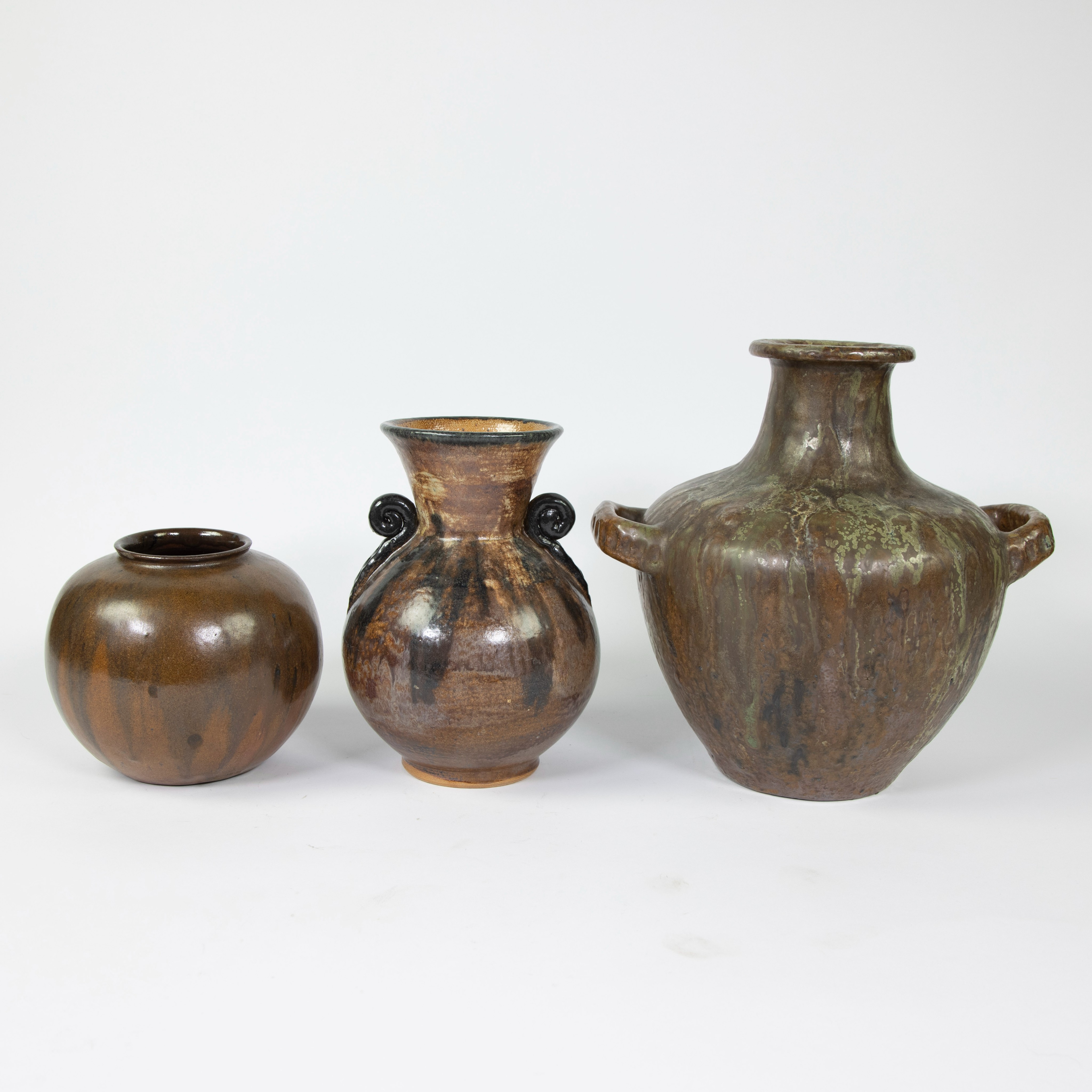 Lot of 3 handmade vases in glazed earthenware, 1930s, marked. - Image 3 of 5