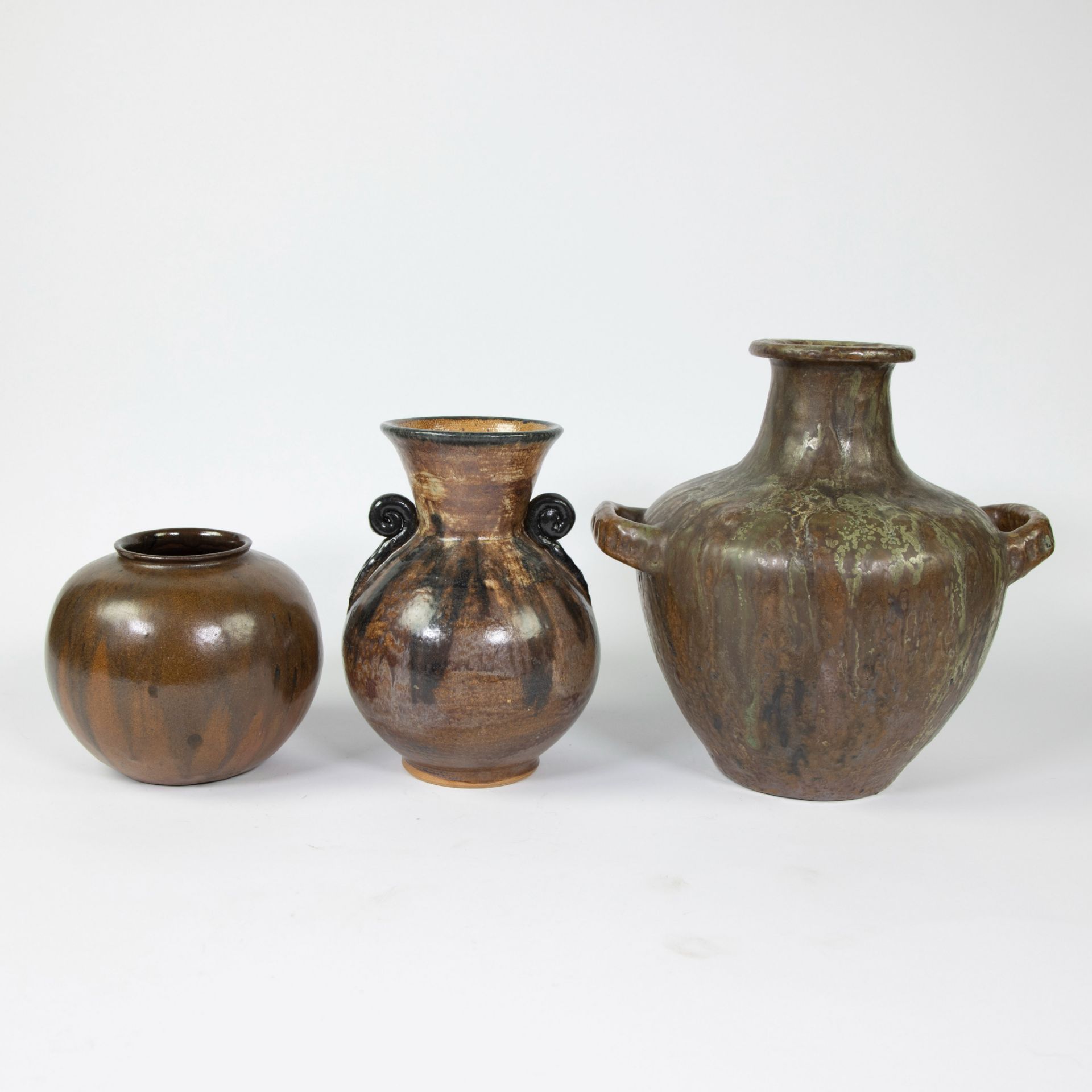 Lot of 3 handmade vases in glazed earthenware, 1930s, marked. - Image 3 of 5